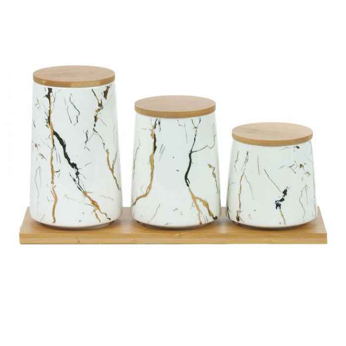 Bricard Voorraadpotjes - 3-delig - Bamboe Dienblad - Wit Marmerlook