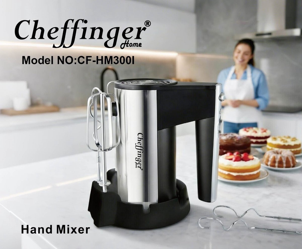 Cheffinger Handmixer 200W RVS - 5 Snelheden - Inclusief Deeghaken & Gardes - Zwart/RVS