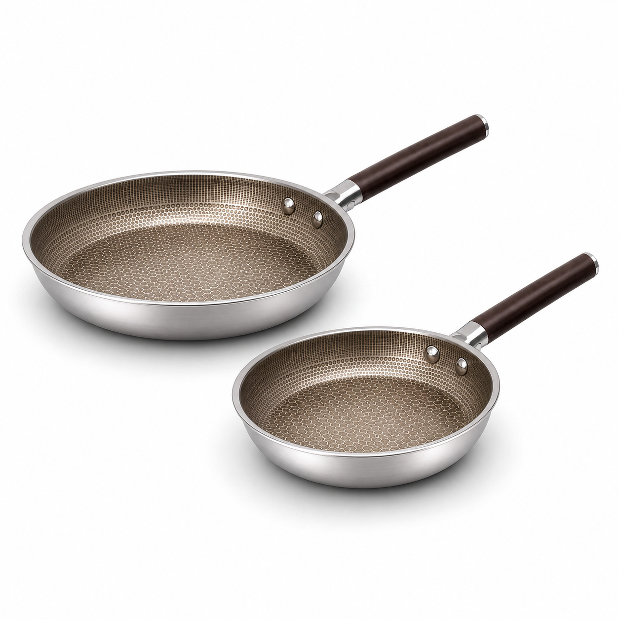Cheffinger Koekenpannen - Set van 2 - 24cm & 28cm - Honingraat Antikras - Super Reliëf - Stof-Touch Handgreep met Houtlook - RVS - Inductie