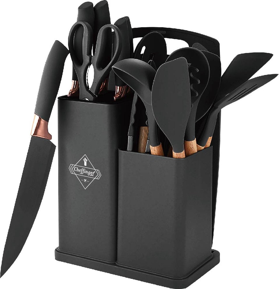 Cheffinger Knife Set & Kitchen Utensil Set with Holder - 19 Piece - Black