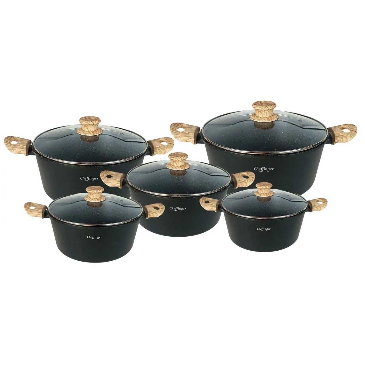 Cheffinger Pannenset - 10-delig - Zwart - Inductie - Met Glazen Deksels – productafbeelding