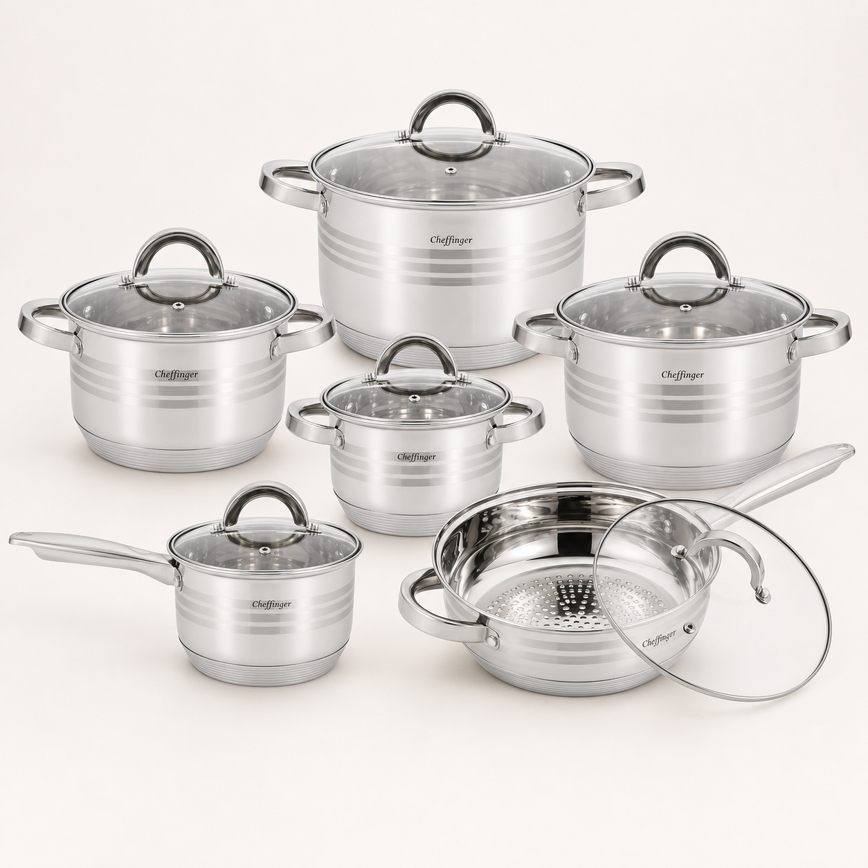 Cheffinger Pannenset - 12-delig - Zilver - RVS - Kookpannen - Inductie
