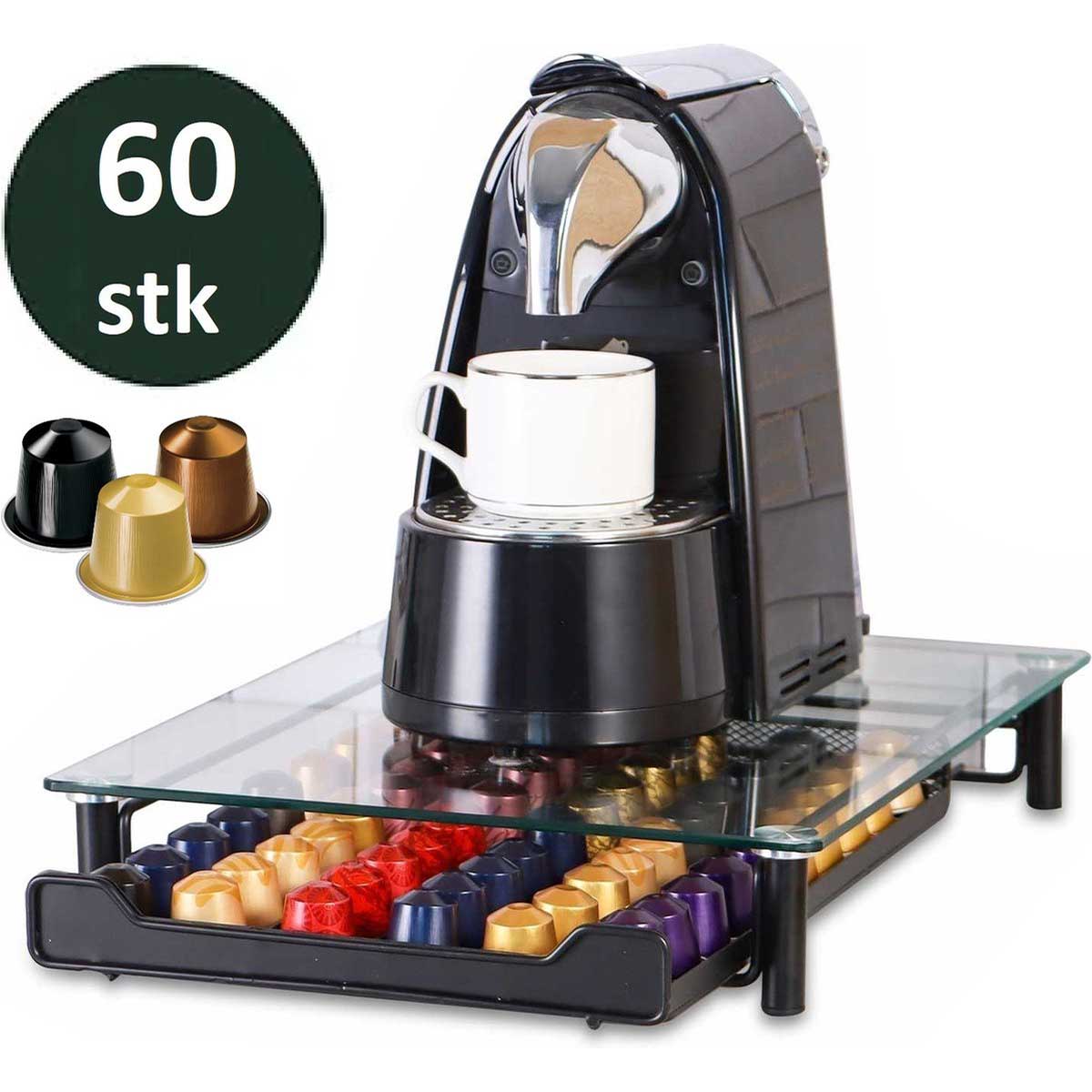 Cheffinger - Nespresso Capsulehouder met Lade - Glas - 60 Cups - Espresso Koffie Pad en Cups Houder - Glas en RVS - Zwart
