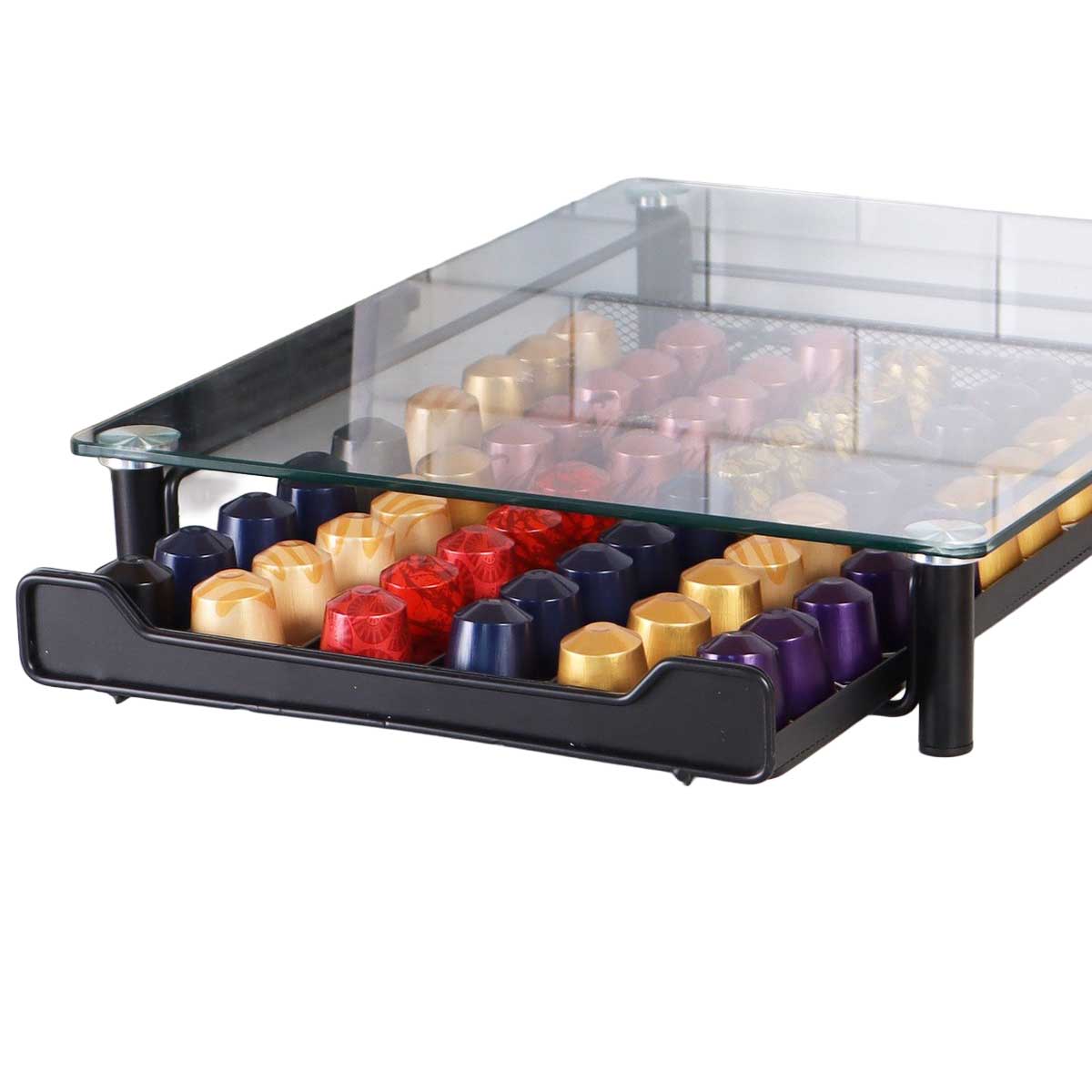 Cheffinger - Nespresso Capsulehouder met Lade - Glas - 60 Cups - Espresso Koffie Pad en Cups Houder - Glas en RVS - Zwart