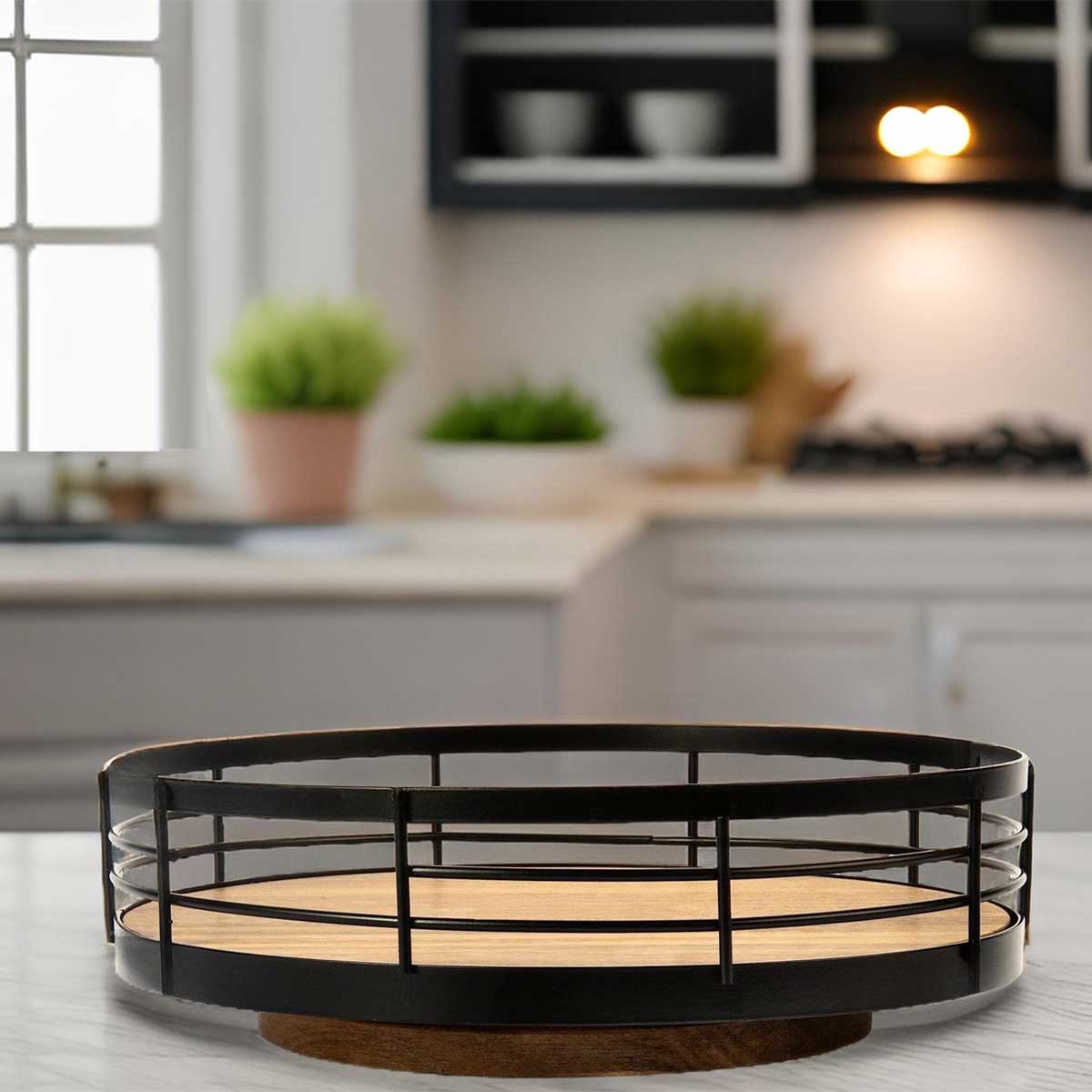 Cheffinger Draaiplateau - 26cm - Keuken Organizer - Keukenrek - kruidenrek - Roteerbaar - Zwart - Hout