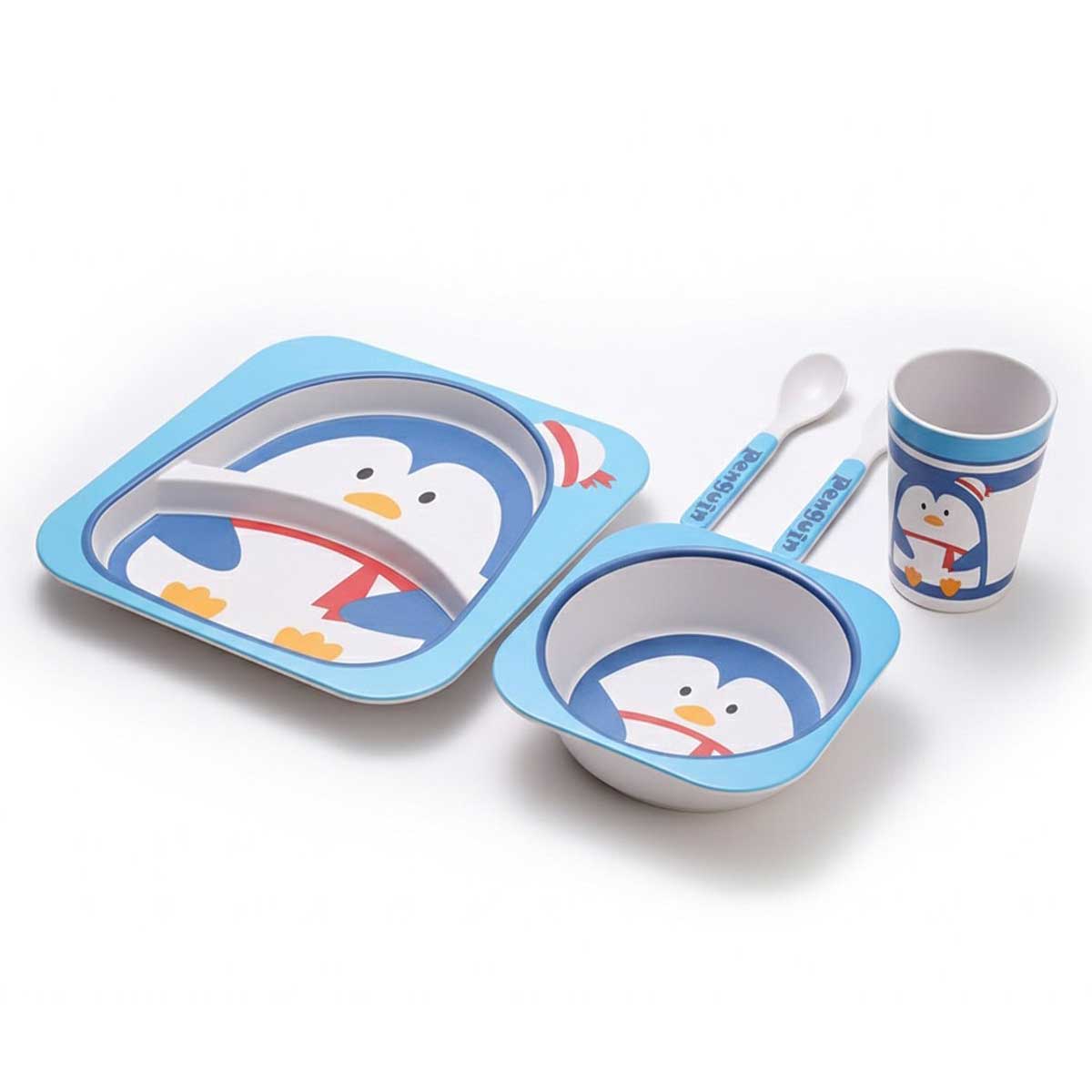 Cheffinger Kinderservies - Pinguïn - Bamboe - 5-delig - Blauw - Baby Servies - Kinderbestek
