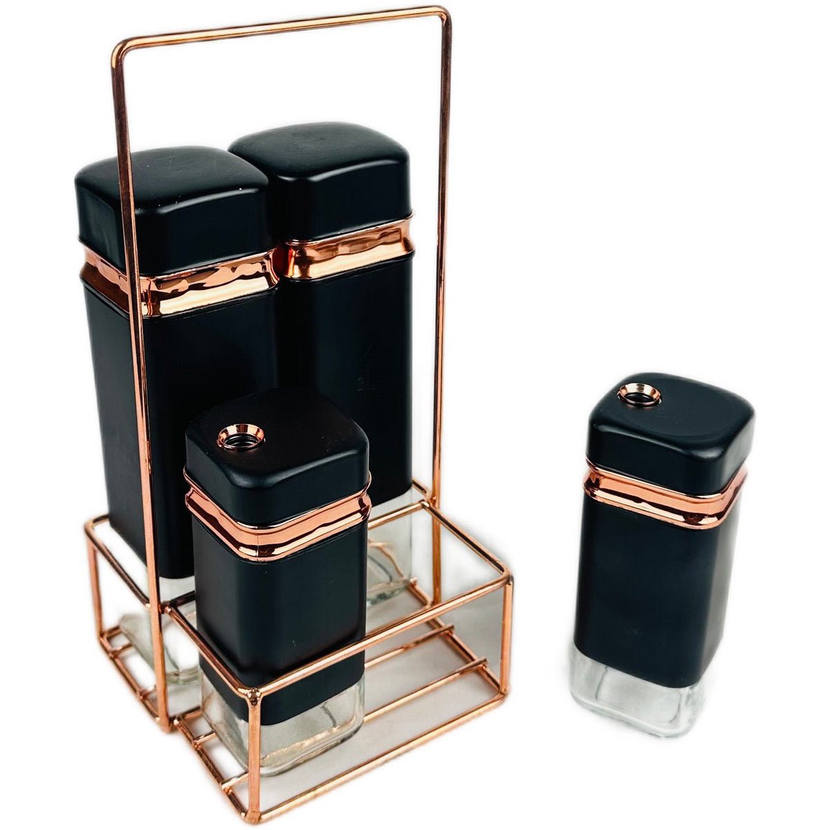 Cheffinger Kruidenrek - 5-delig - Zwart/Rosé Goud - 4 Kruidenpotten met Metalen Houder
