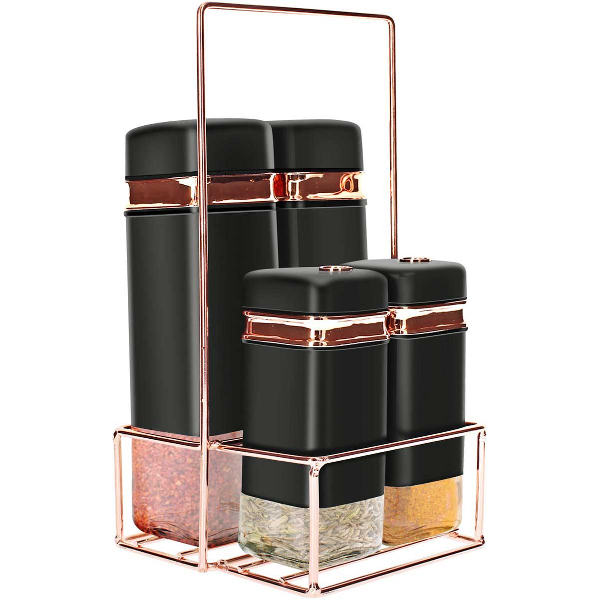 Cheffinger Kruidenrek - 5-delig - Zwart/Rosé Goud - 4 Kruidenpotten met Metalen Houder