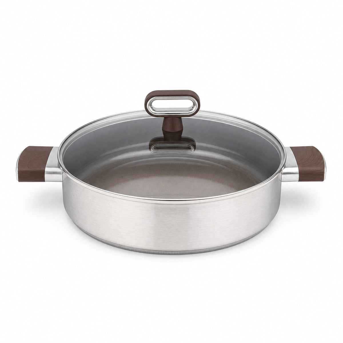 Cheffinger Lage Braadpan met Deksel - 24cm - Honingraat Antikras - Super Reliëf - Stof-Touch Handgreep met Houtlook - RVS - Inductie