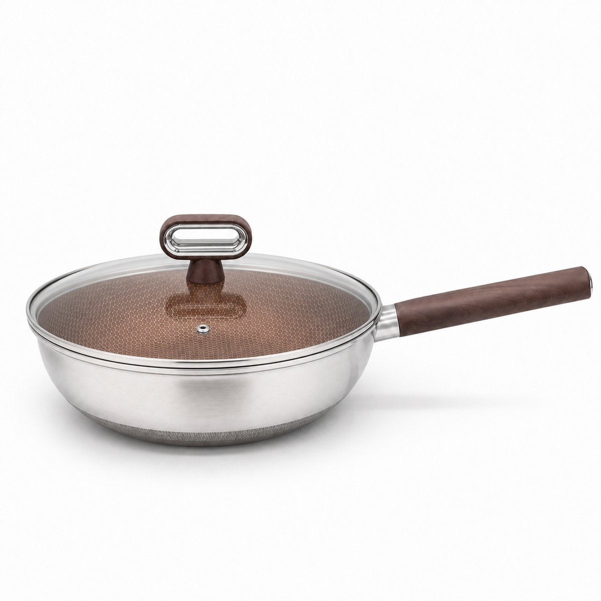 Cheffinger Wokpan met Steel & Deksel - 32cm - Honingraat Antikras - Super Reliëf - Stof-Touch Handgreep met Houtlook - RVS - Inductie