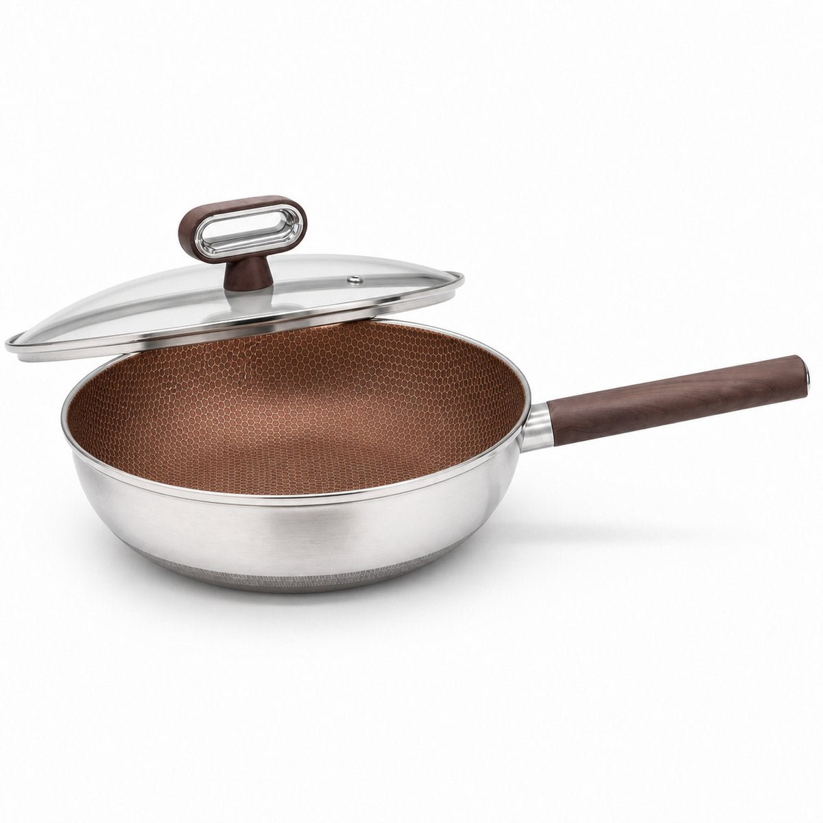 Cheffinger Wokpan met Steel & Deksel - 32cm - Honingraat Antikras - Super Reliëf - Stof-Touch Handgreep met Houtlook - RVS - Inductie