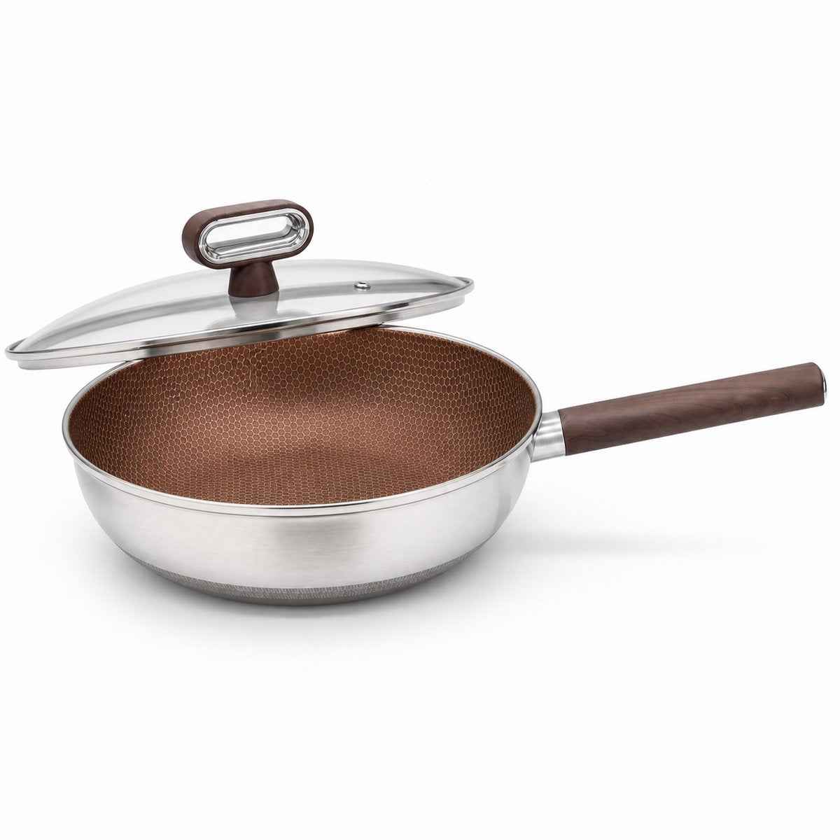Cheffinger Wokpan met Steel & Deksel - 32cm - Honingraat Antikras - Super Reliëf - Stof-Touch Handgreep met Houtlook - RVS - Inductie