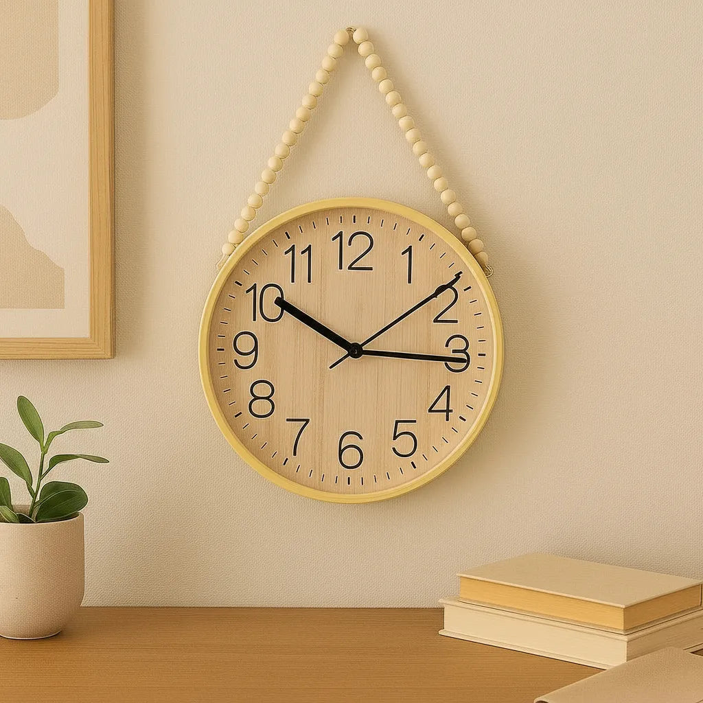 Hauskraft Wandklok - 38cm - Lichtbruin/Zwart - Decoratief Touw met Houten Kralen