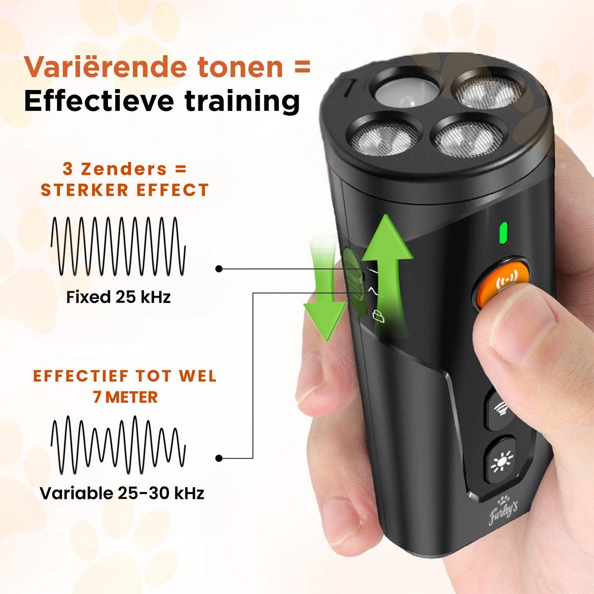 Furley’s Anti Blaf Apparaat - Diervriendelijke Hondentrainer Zonder Schok - 3 Zenders - 4-in-1 Ultrasoon, Geluid, LED & Zaklamp - USB-C Oplaadbaar - Bereik 7m - Voor Kleine & Grote Honden