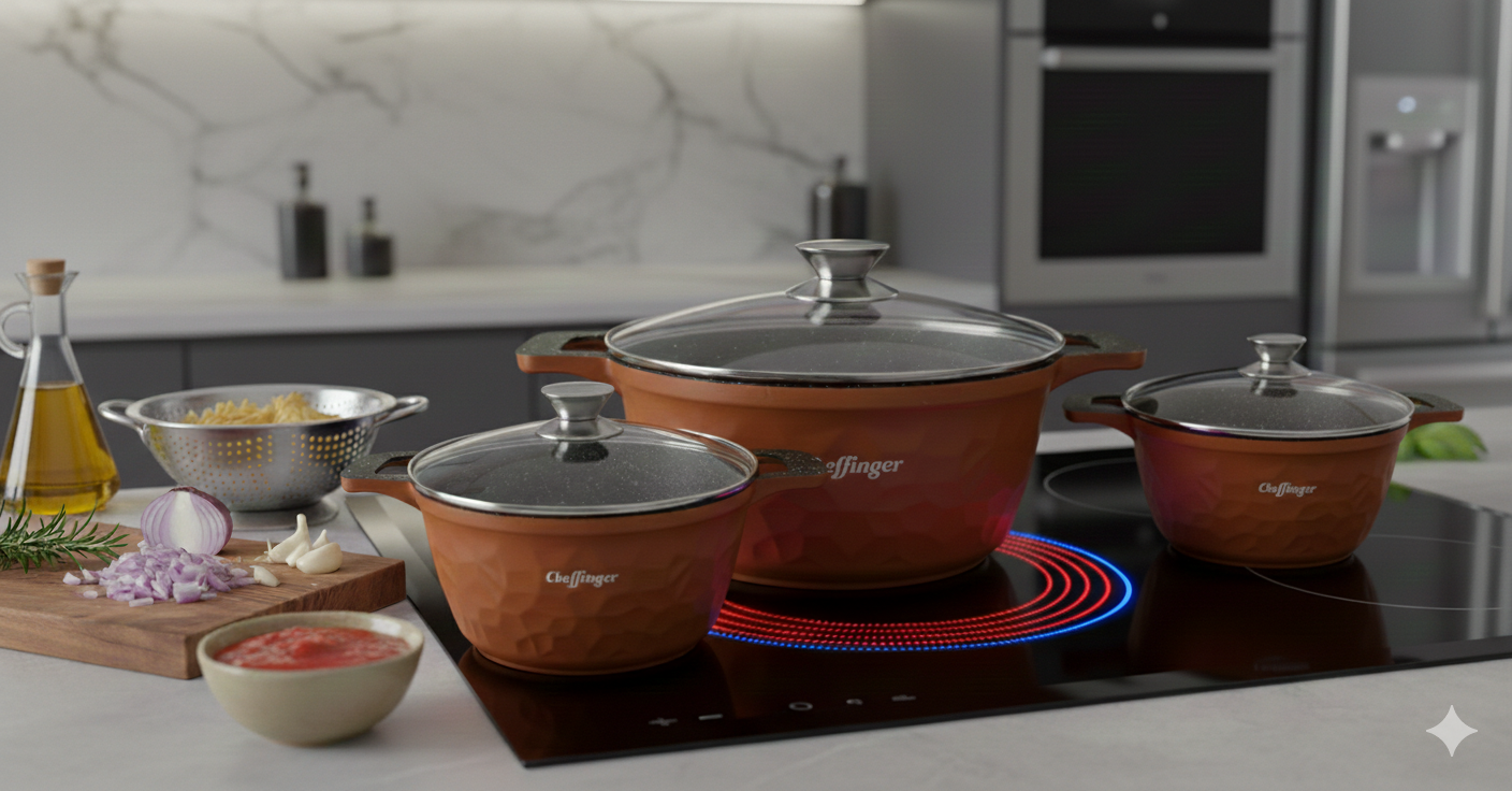 Cheffinger Pannenset - 6-delig - 20, 24 & 28 cm - Brons
