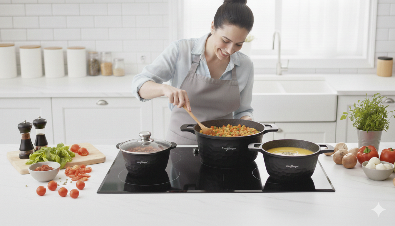 Cheffinger Pannenset - 6-delig - 20, 24 & 28 cm - Zwart