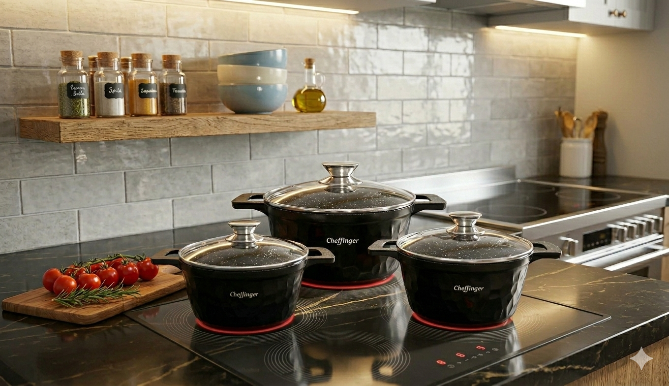 Cheffinger Pannenset - 6-delig - 20, 24 & 28 cm - Zwart