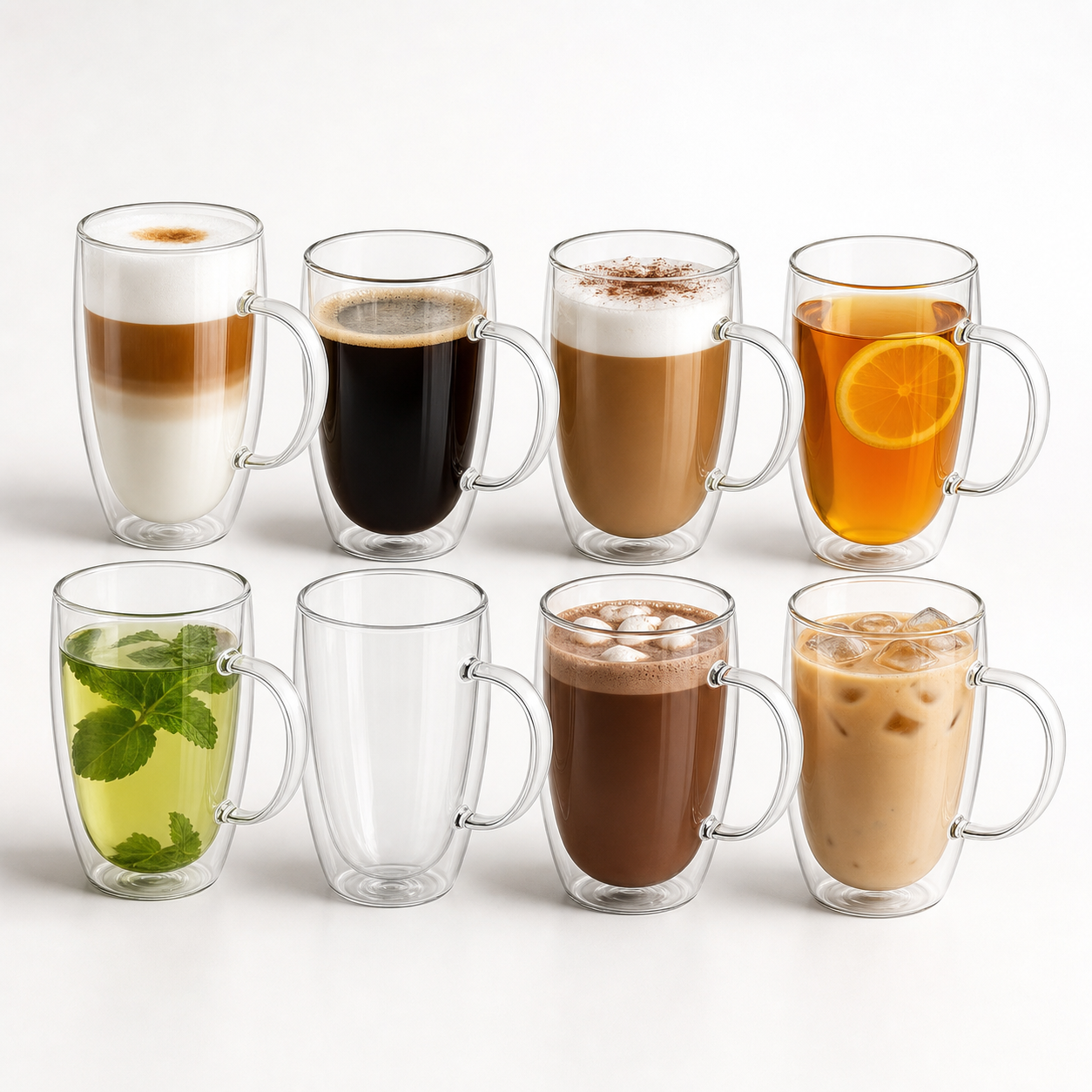 Glozini Dubbelwandige Glazen met Oor - 450 ml - Set van 8 - Koffieglazen - Theeglas - Cappuccino Glazen – productafbeelding