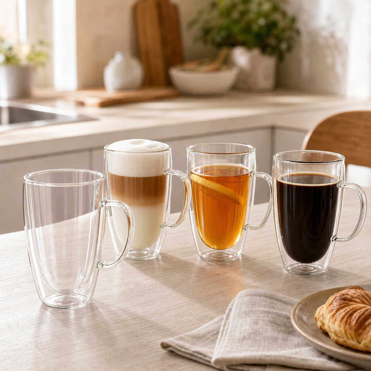 Glozini Dubbelwandige Glazen met Oor - 450 ml - Set van 8 - Koffieglazen - Theeglas - Cappuccino Glazen – productafbeelding 3