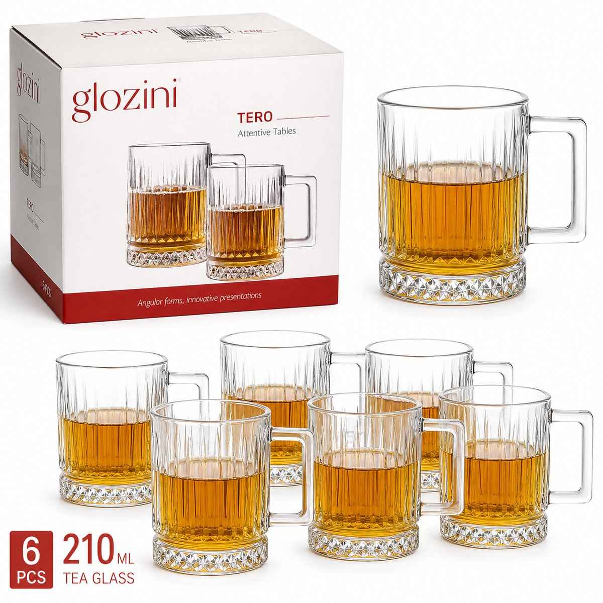 Glozini Theeglazen Set - 210ml - Set van 6 - Theeglazen met Oor/Handvat - Theeglas - Theekopjes