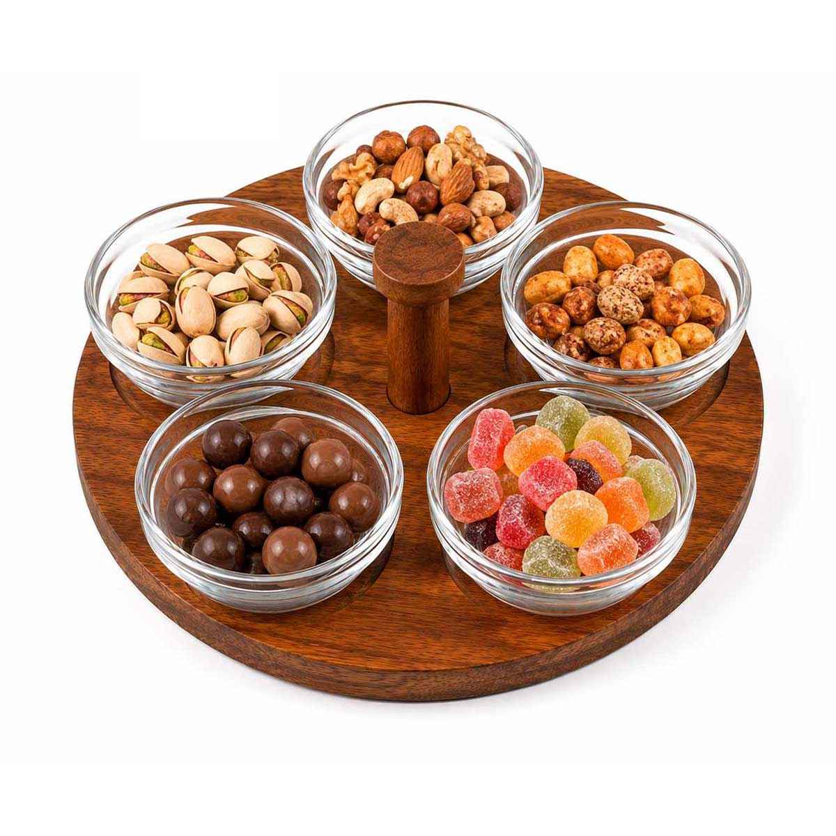 Glozini Glazen Schaaltjes Set met Houten Serveerplank - 6-delig - Glas/Hout