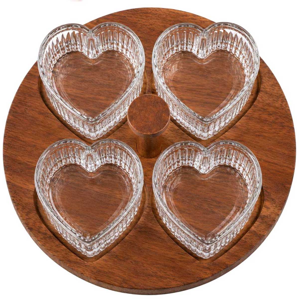 Glozini Hartvormige Glazen Schaaltjes Set met Houten Serveerplank - 5-delig - Glas/Hout