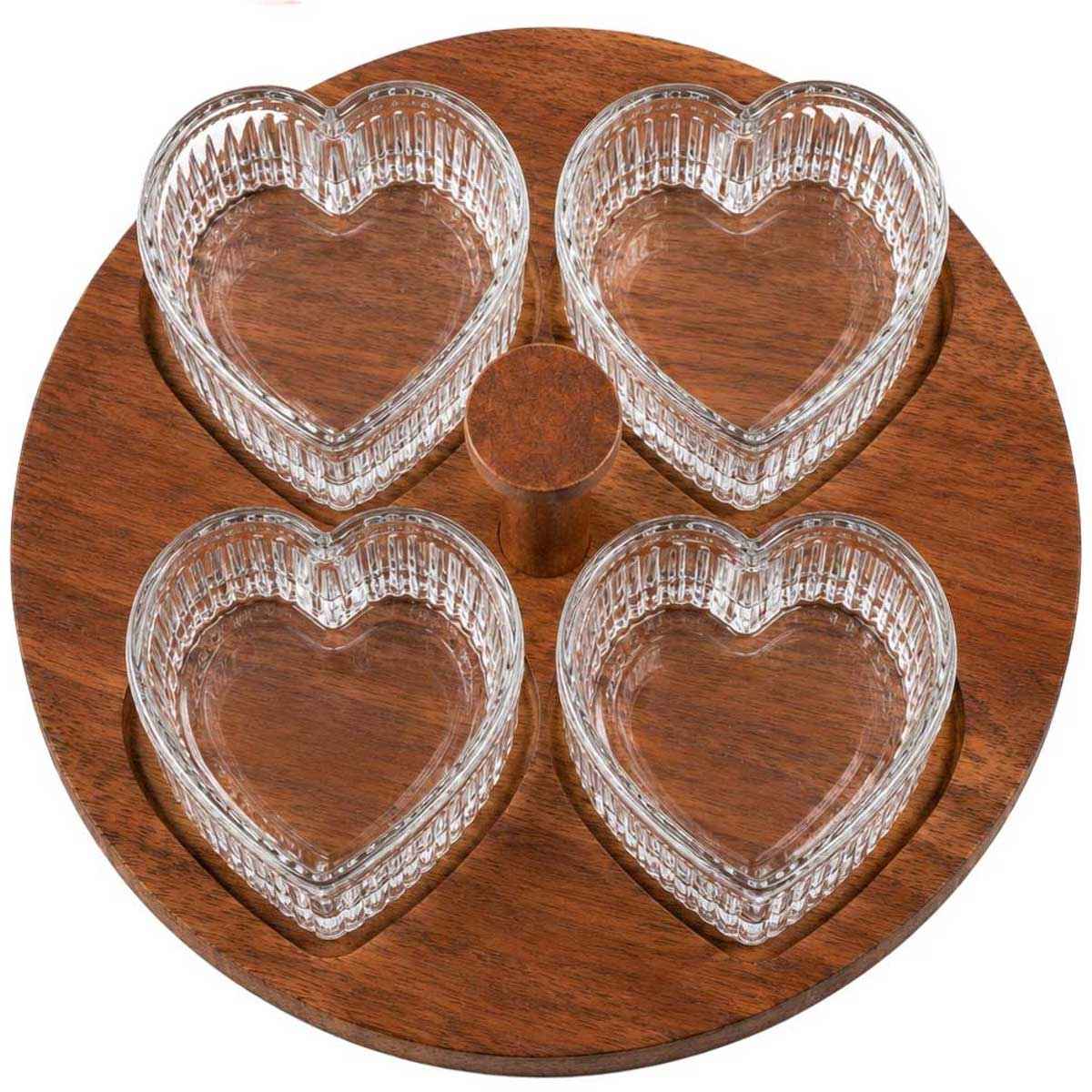 Glozini Hartvormige Glazen Schaaltjes Set met Houten Serveerplank - 5-delig - Glas/Hout