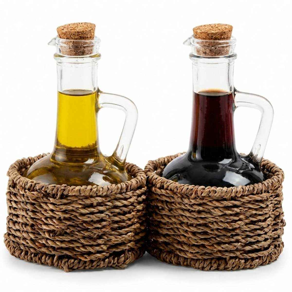 Glozini Olie- en Azijn Set met Gevlochten Houder olie- & azijnstellen Transparant glas / naturel bruin productafbeelding 2