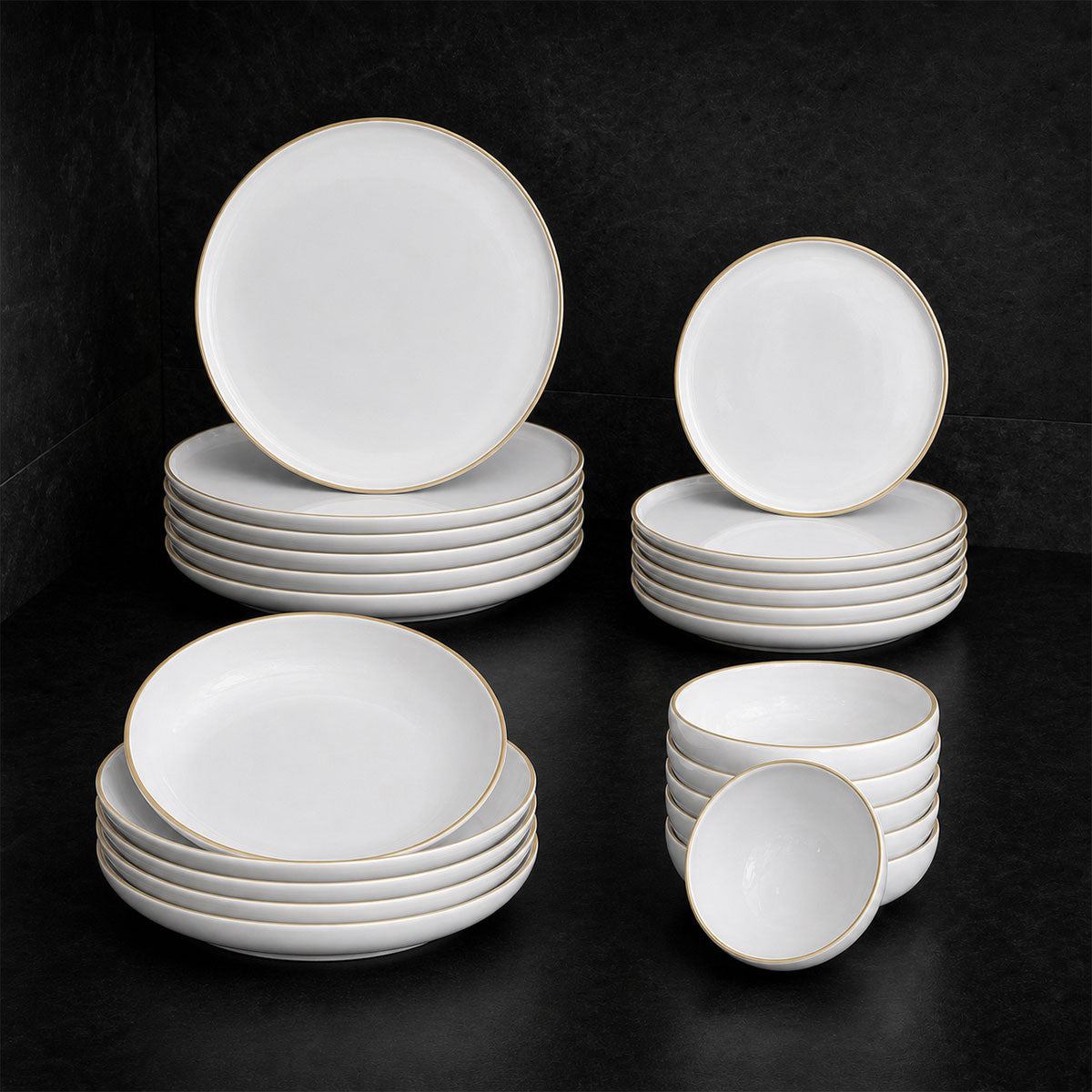 Glozini Osaka - Porseleinen Serviesset Set - Dinner Set - 24-delig - Porselein - 6-Persoons - Wit/Goud
