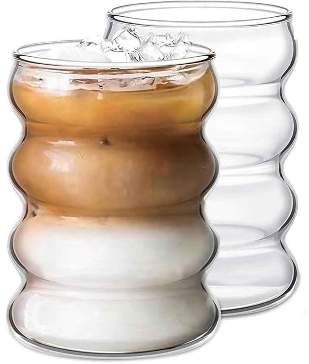 Glozini Wavy Bubbelglazen - 530ml - Set van 2 - Geribbelde Glazen - Bubble Glas - Esthetische – productafbeelding
