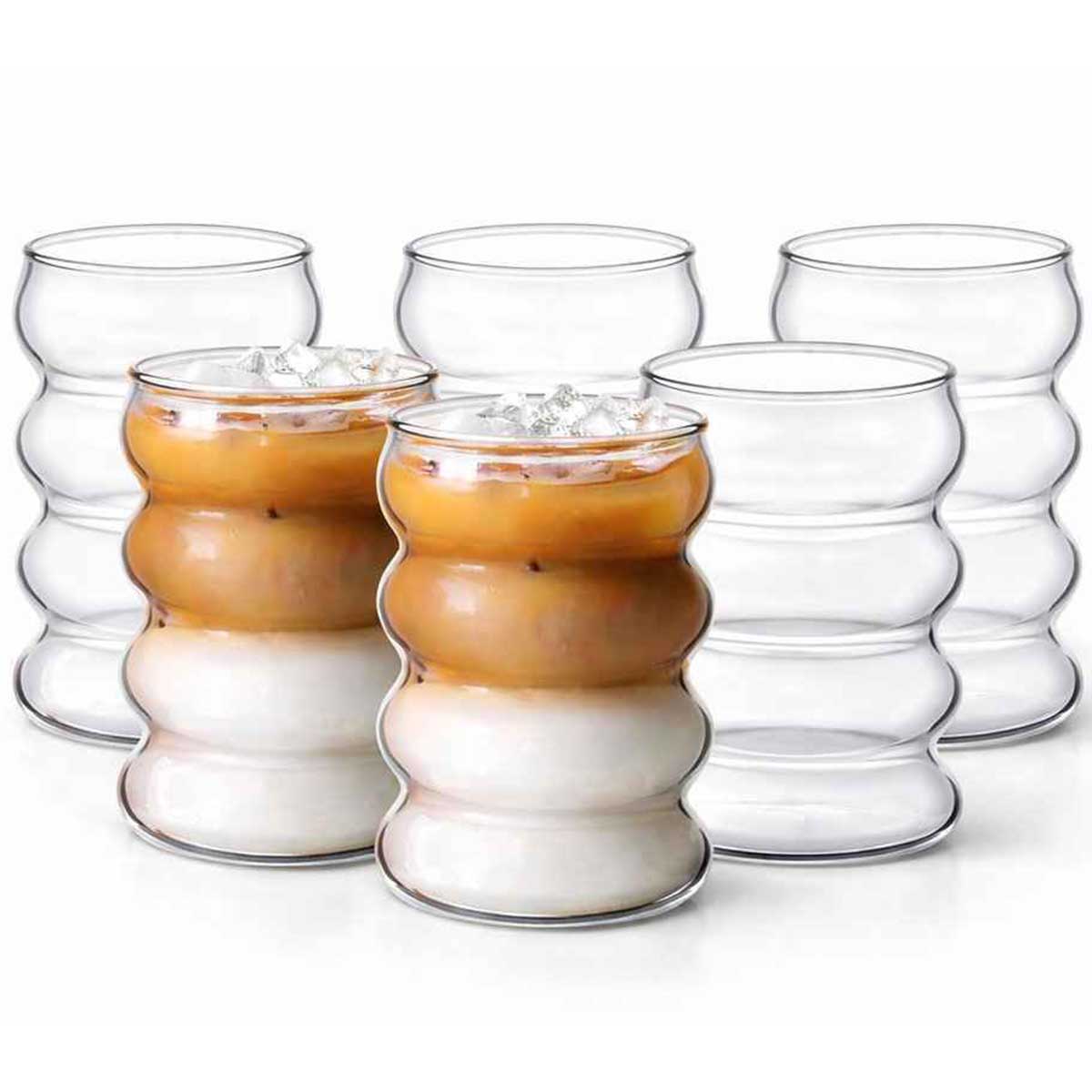 Glozini Wavy Bubbelglazen - 530ml - Set van 6 - Geribbelde Glazen - Bubble Glas - Esthetische Cocktailglazen