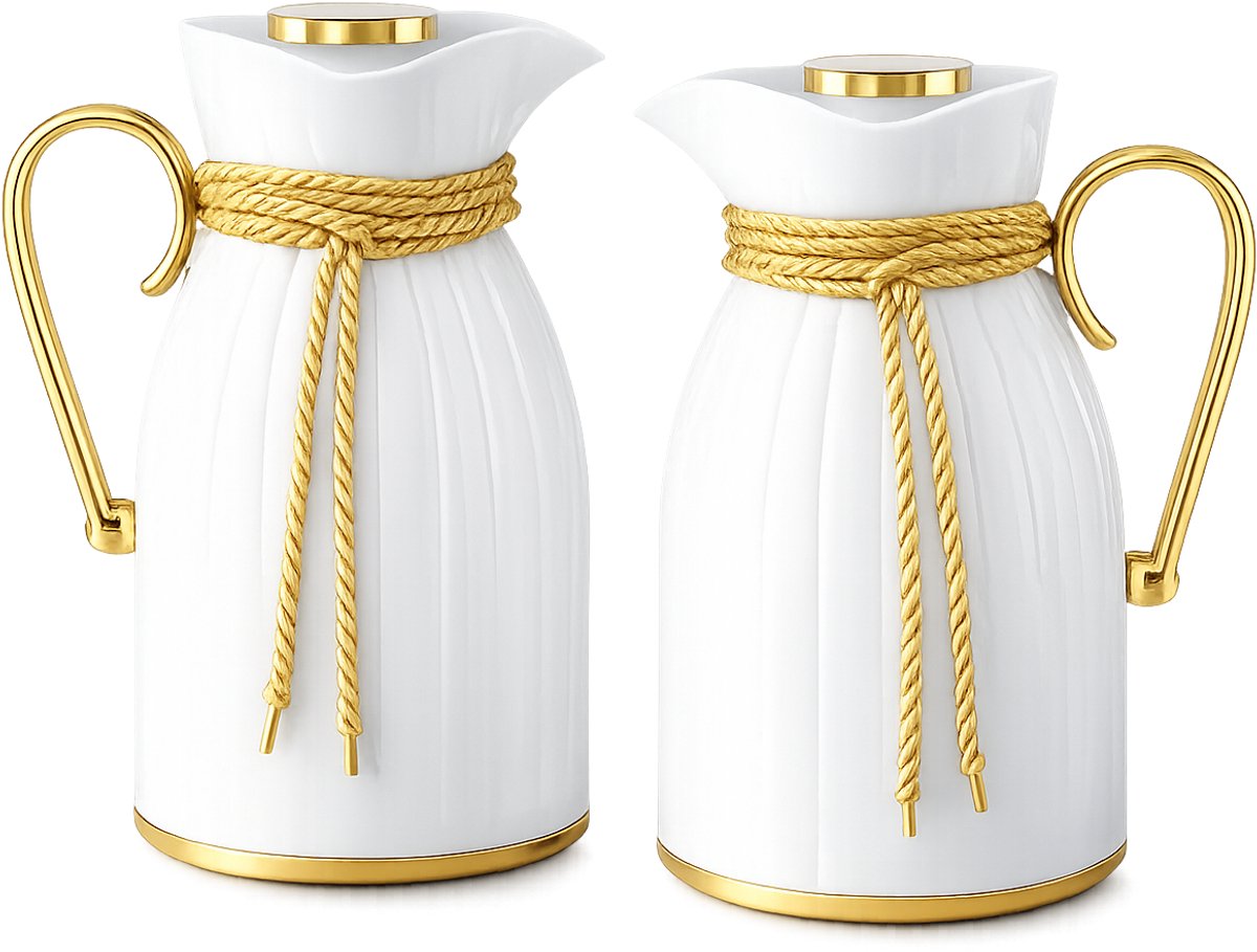 Kadirelli Thermoskan - 1L + 1L - Set van 2 - Wit/Goud - RVS Inox - Themosfles