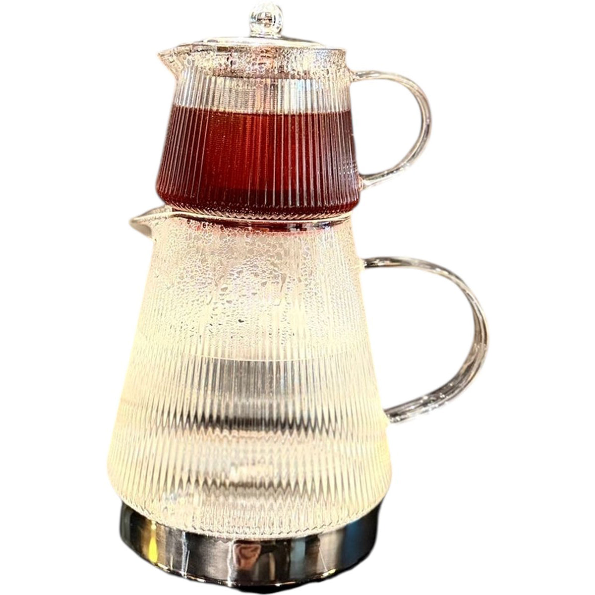 Kadirelli Demli XL - Geribbeld Glas Turkse Theepot - 0.40L / 1.8L - Inductie