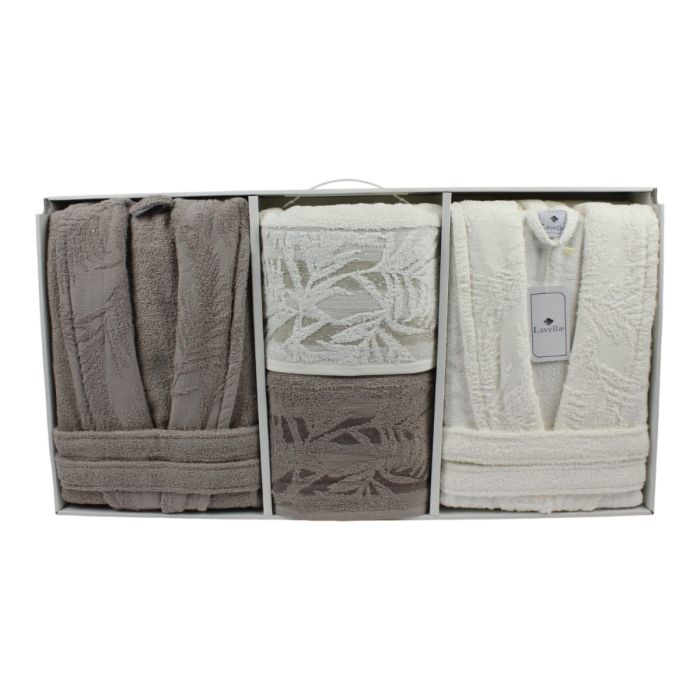 Lavella Duru Wellness Set Beige/Crème - Luxe 6-Delige Badjas & Handdoekenset van Zacht Katoen