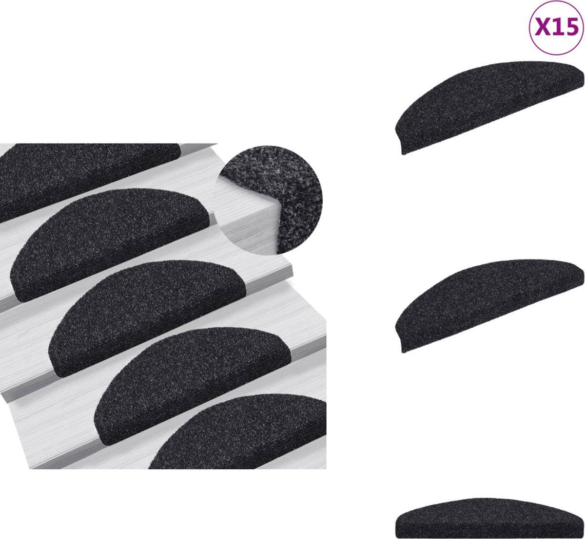 MONOO Nadelfilz-Stufenmatten-Set – Anthrazit – 15-teilig – 56x17x3cm – Selbstklebende Halbmonde für Treppen