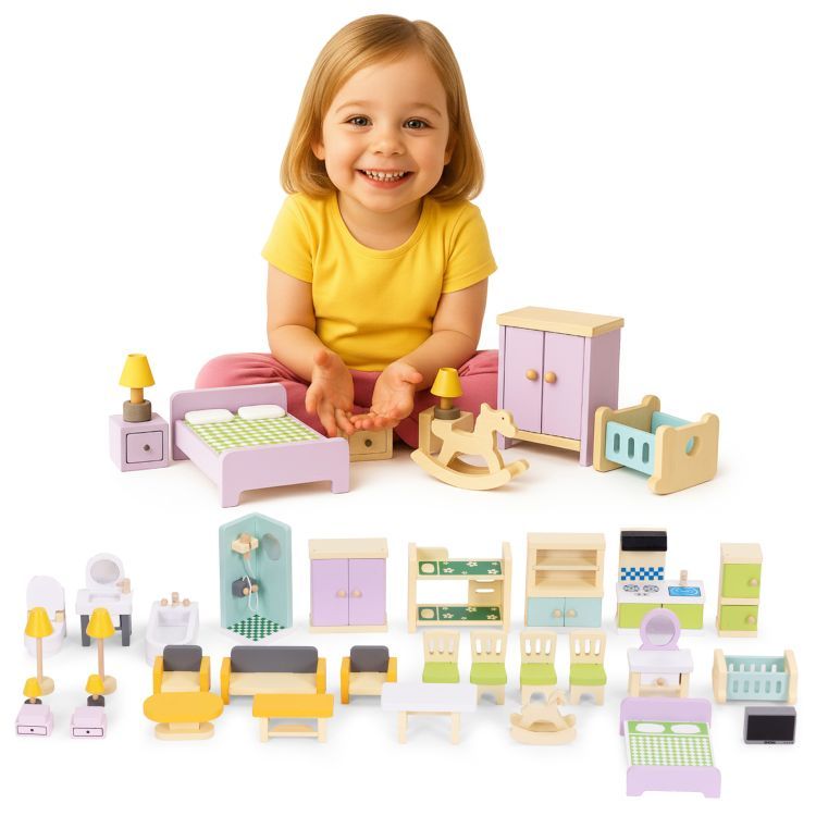 Multistore Houten Poppenhuis Meubelset - 30-delig - Meubels & Accessoires