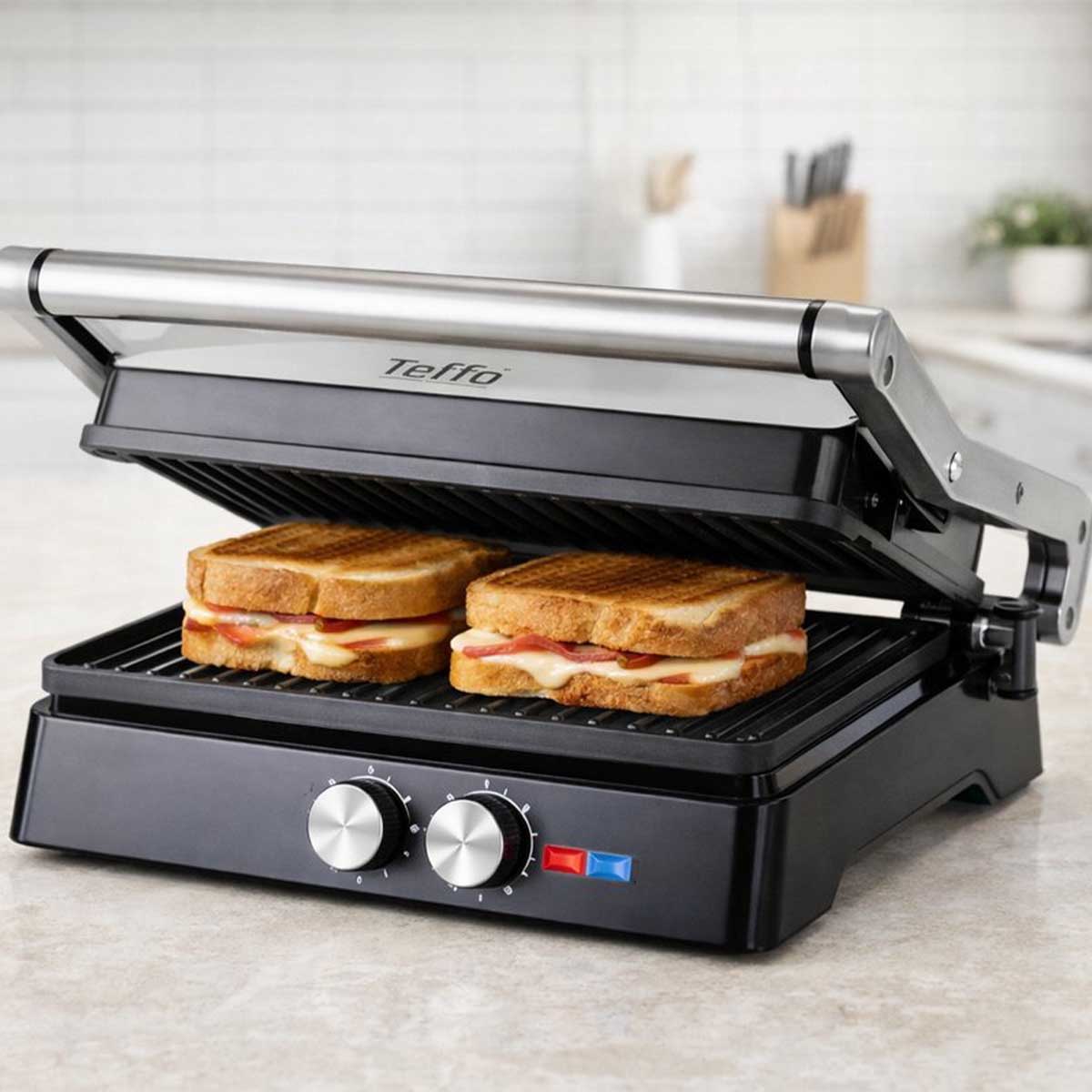 Teffo Contactgrill - Panini Grill - 30x24cm - Tosti apparaat - Grill apparaat - Verticaal opbergbaar - 2000W