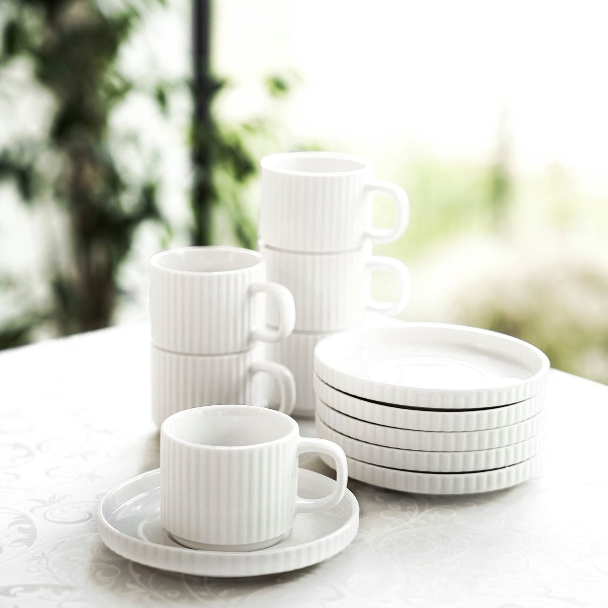 Almina Borneo - Koffieset - 12 - delig - Wit - 220ml - Porselein - Koffiekopjes - TEKZEN