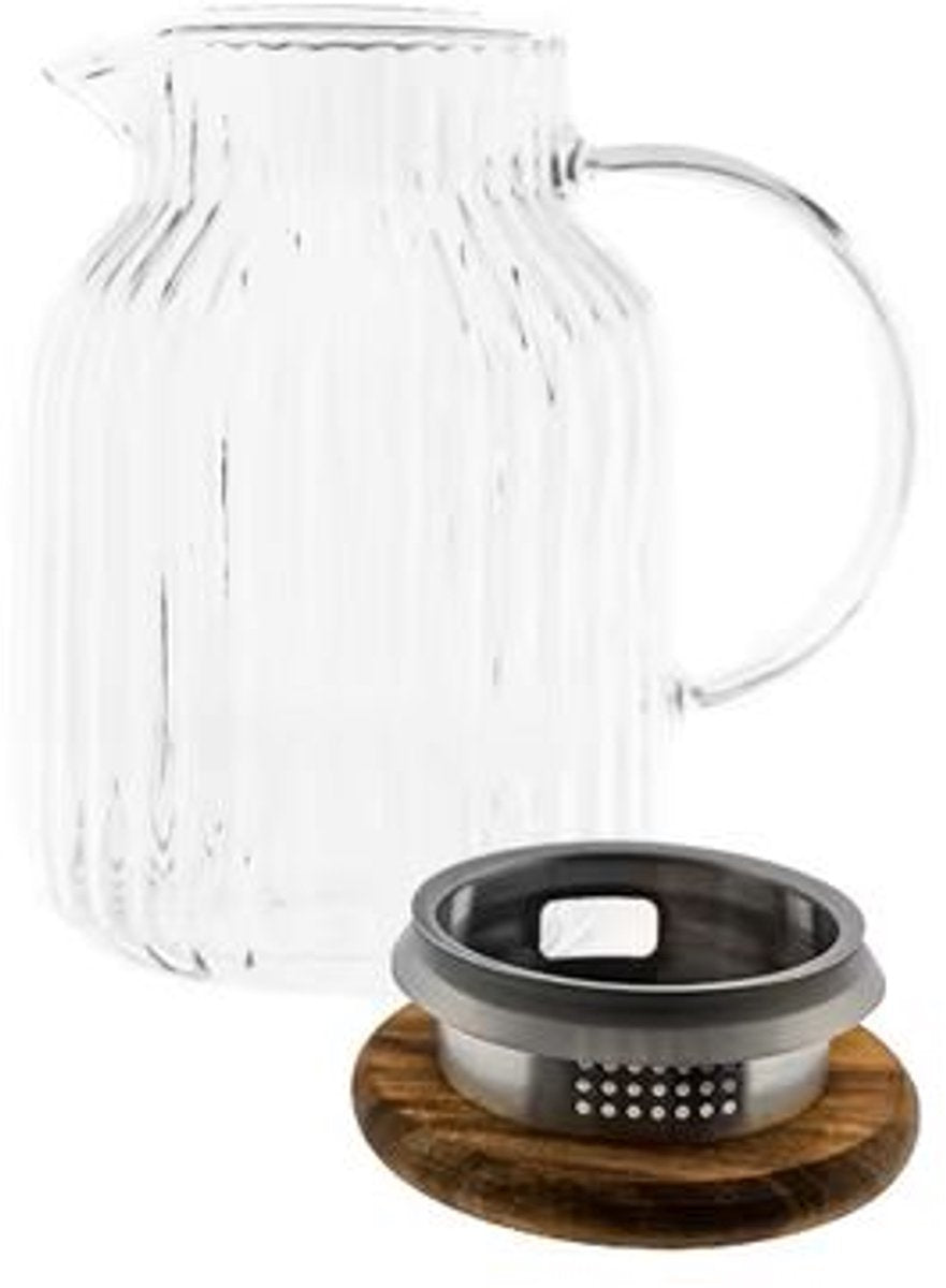 Almina Karaf/Schenkkan met Schenktuit - 1,5 Liter – Glas met Acaciahout Deksel - Geribbeld Design - TEKZEN