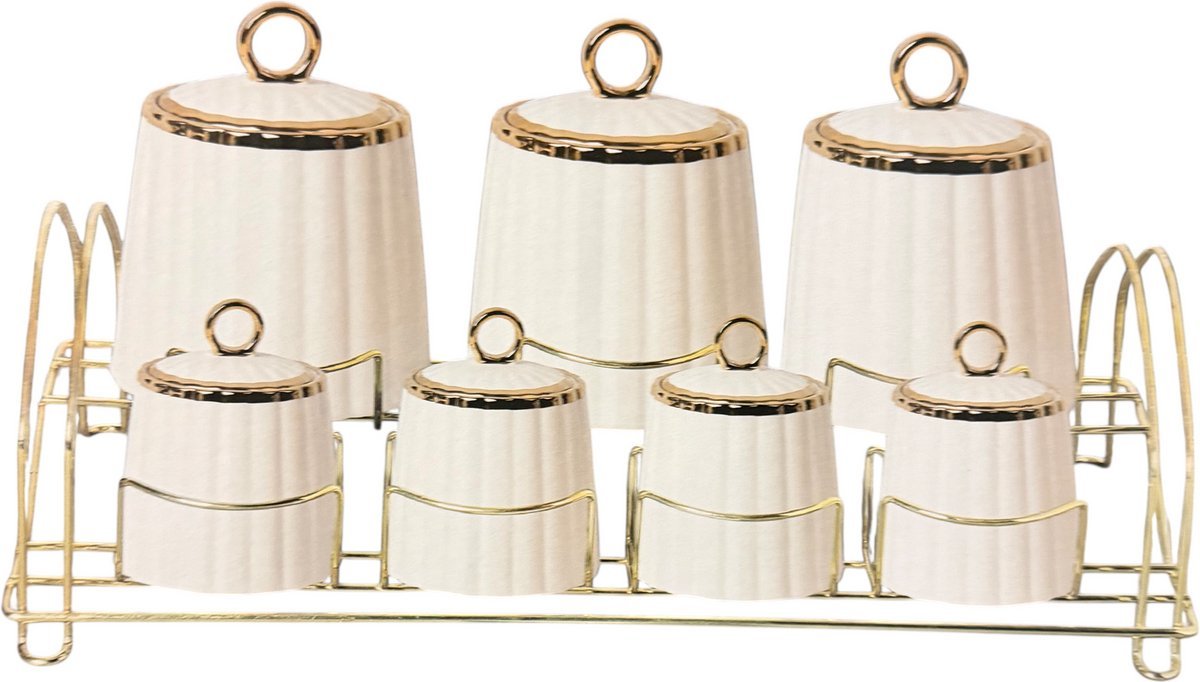 Almina Kruidenrek - 7 Kruidenpotjes - Porselein - 15 - delig - Wit/Goud - TEKZEN