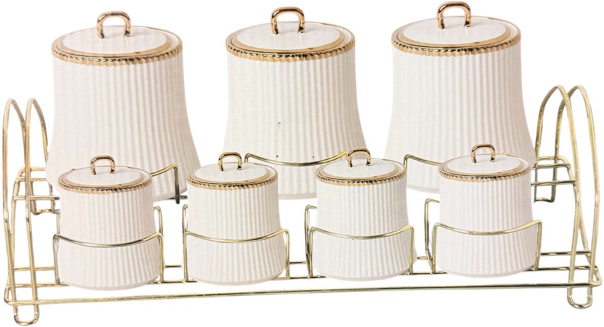 Almina Kruidenrek - 7 Kruidenpotjes - Porselein - 15 - delig - Wit/Goud - TEKZEN
