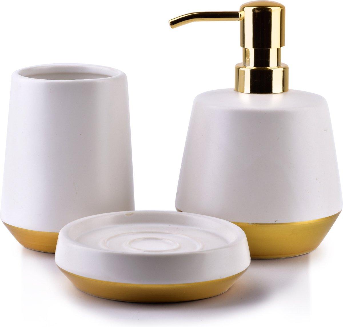 BATHLAB Badkameraccessoire set - Zeepdispenser, Zeephouder, Beker - Keramiek - Wit Goud - TEKZEN