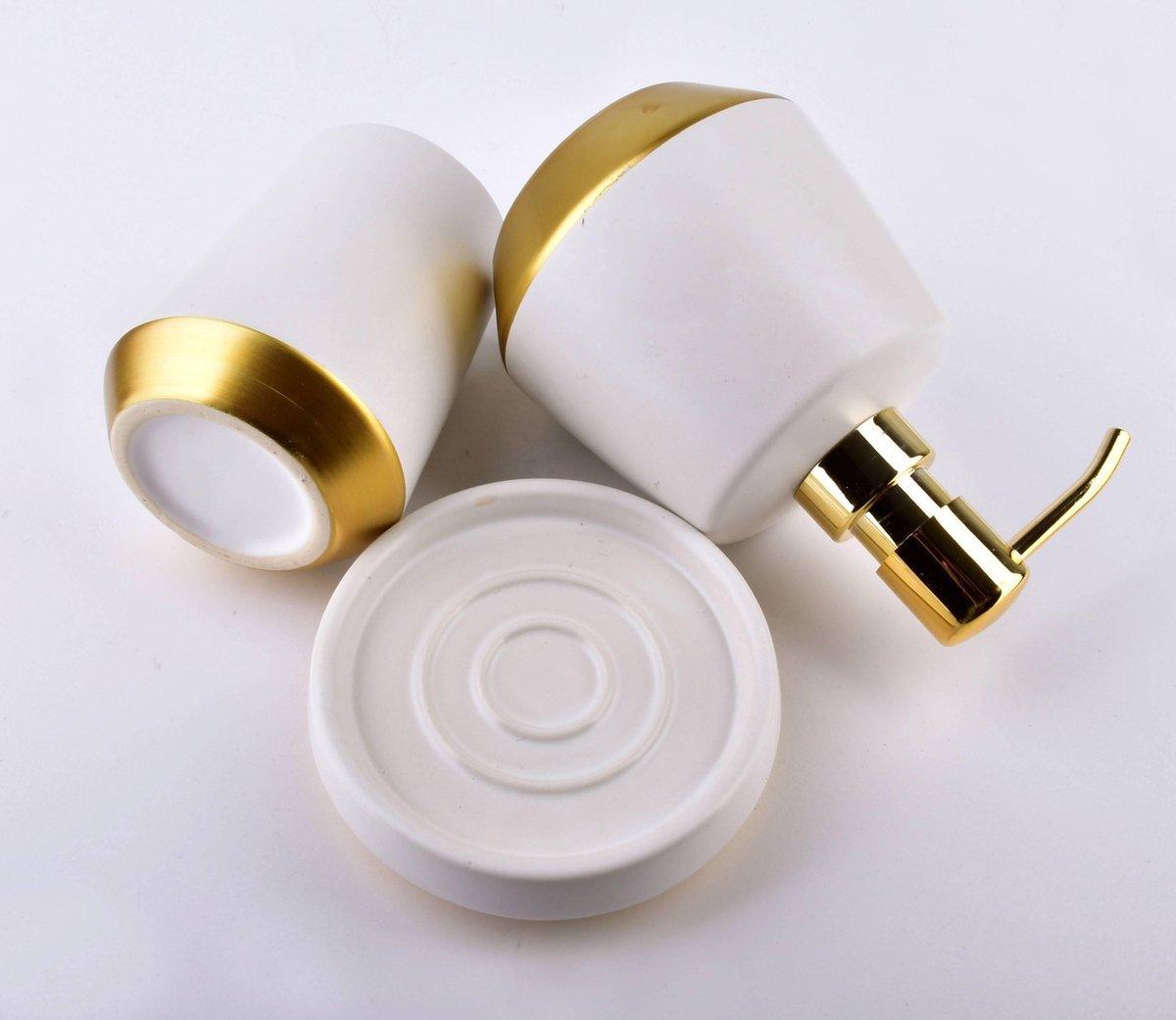 BATHLAB Badkameraccessoire set - Zeepdispenser, Zeephouder, Beker - Keramiek - Wit Goud - TEKZEN