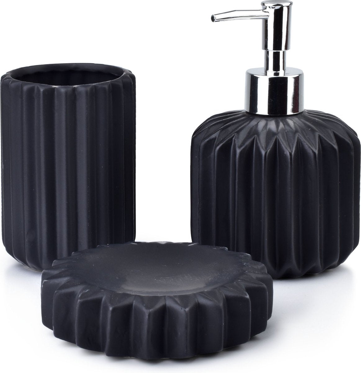 BATHLAB Badkameraccessoire set - Zeepdispenser, Zeephouder, Beker - Keramiek - Zwart - TEKZEN