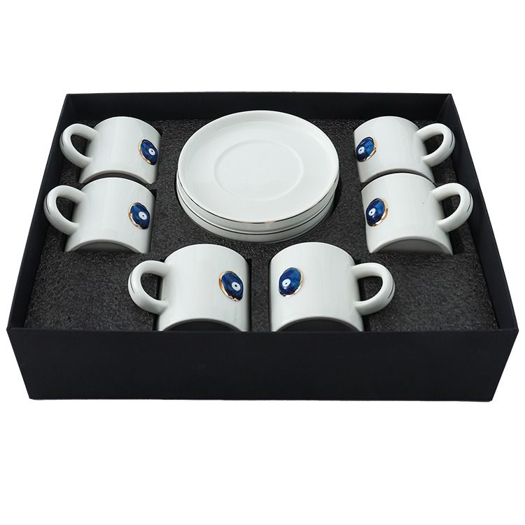 Bricard Hatira - Espresso set with Nazar Boncuk - 12-piece - White/Gold - 125ml - Ceramic - Espresso Cups & Saucers
