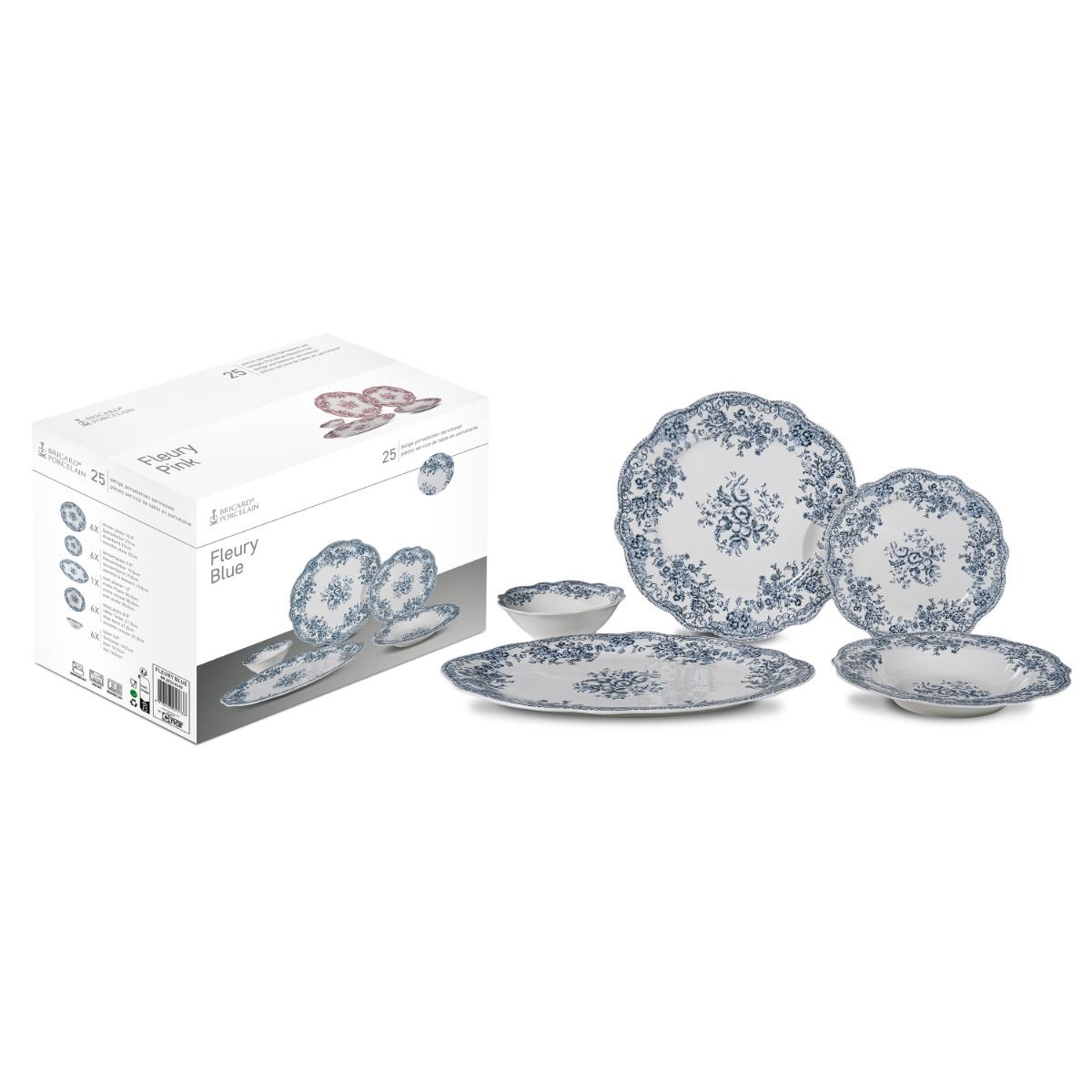 Bricard Fleury, Vintage Serviesset, 25-delig, 6-Persoons, Blauw/Wit, Dinner Set, Porselein – aanvullende productfoto 7
