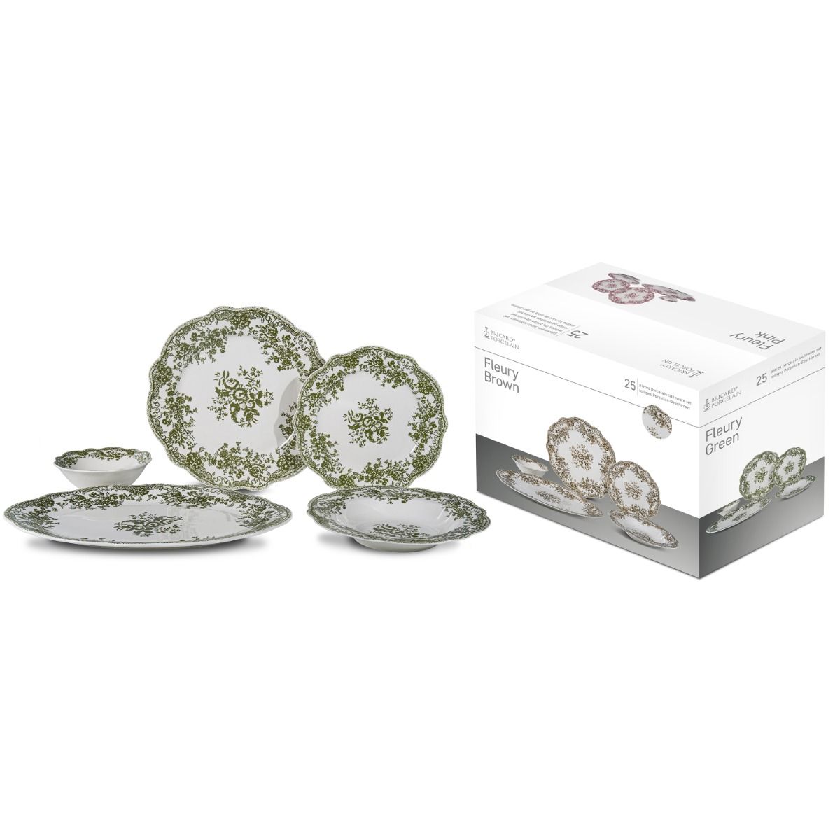 Bricard Fleury, Vintage Serviesset, 25-delig, 6-Persoons, Groen/Wit, Dinner Set, Porselein – aanvullende productfoto 7
