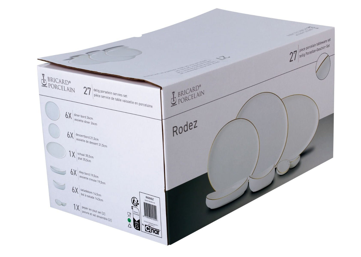 Bricard Rodez, Porseleinen Serviesset, 27-delig, 6-Persoons, Wit/Goud, Dinner Set – verpakking