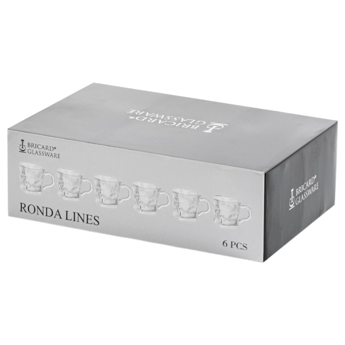 Bricard Ronda Lines, Theeglazen met Oortje, Set van 6, Geribbeld Glas – verpakking