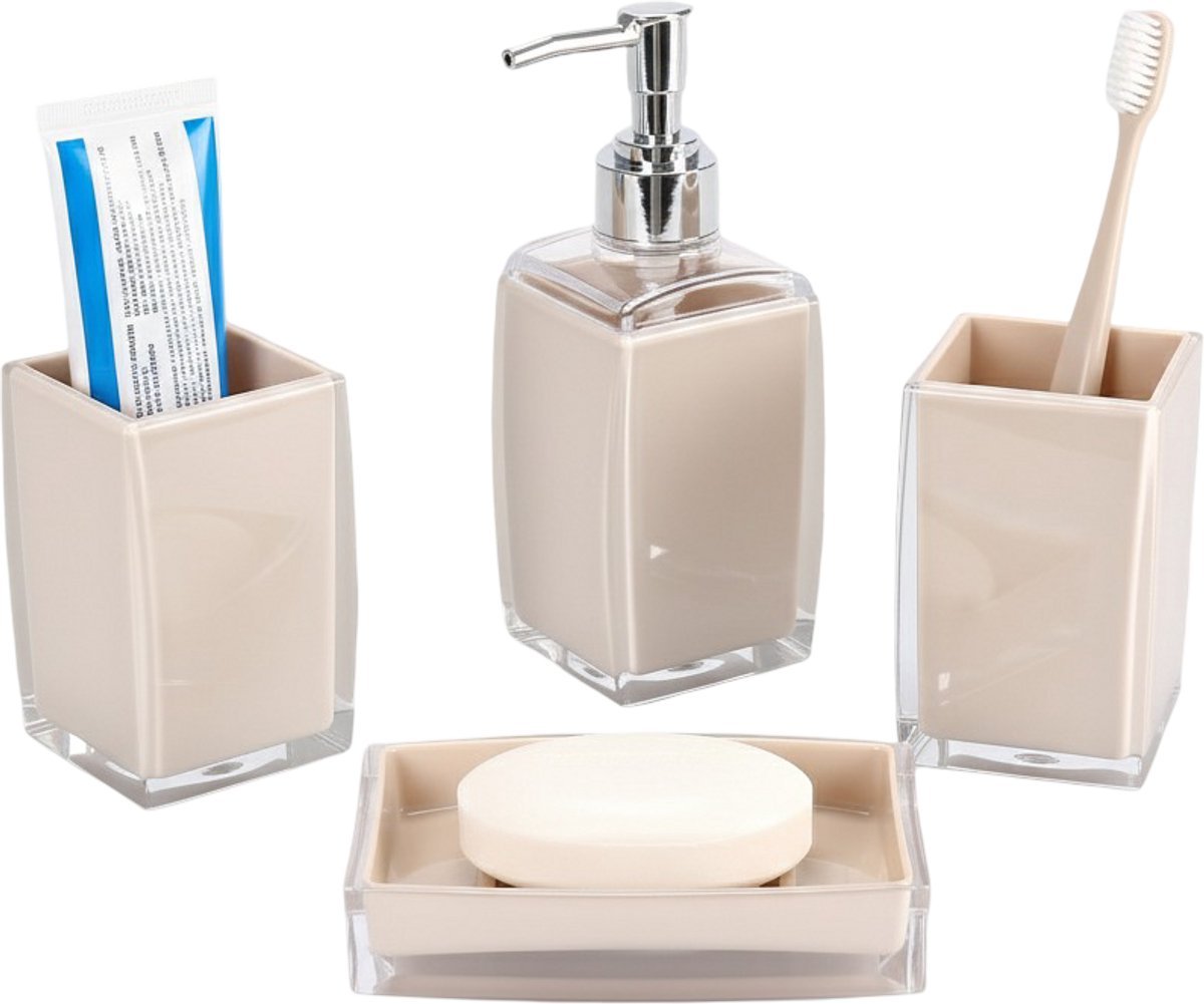 Cheffinger Badkameraccessoireset - 4 - delig - Beige - Zeepdispenser - Tandenborstelbeker - Zeepbakje - Beker - TEKZEN